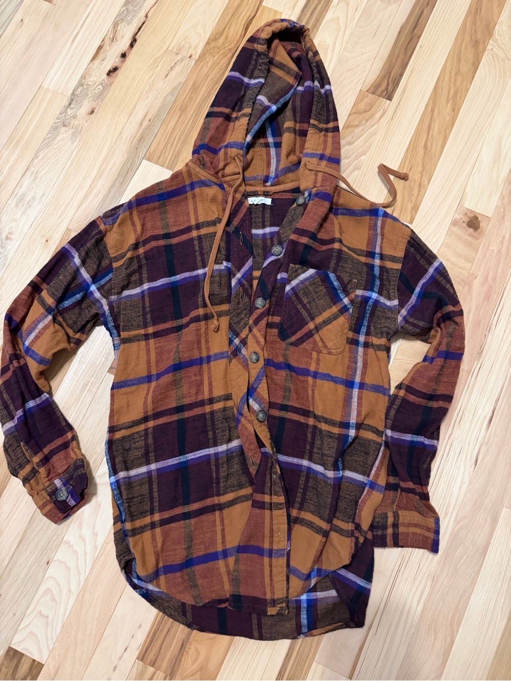 Maurices Plaid Hooded Button-Down Shirt - Brown, Blue, Purple